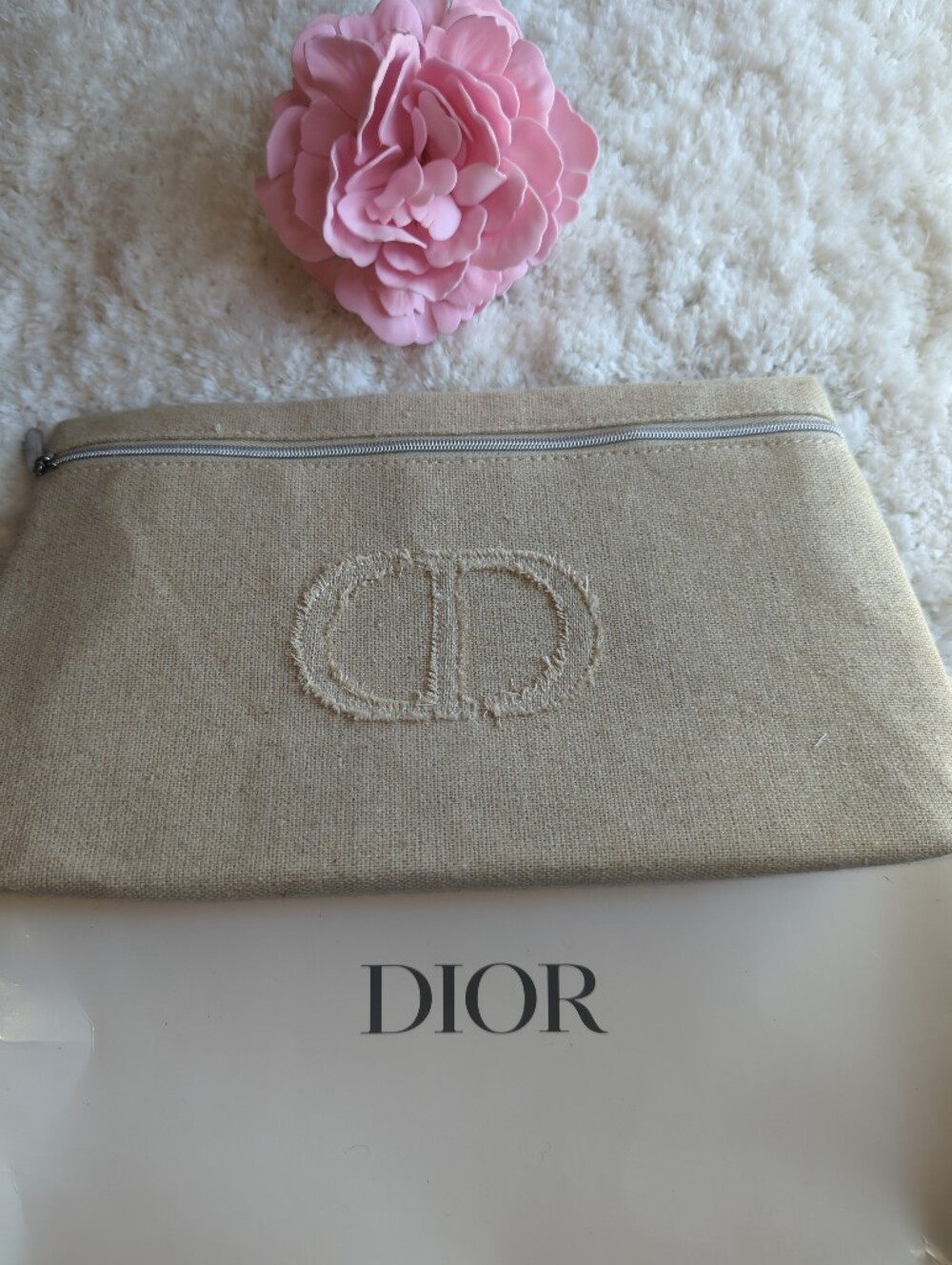 Dior Large Neutral Beige Linen CD Logo Pouch With Silver Zip New With Box Cute